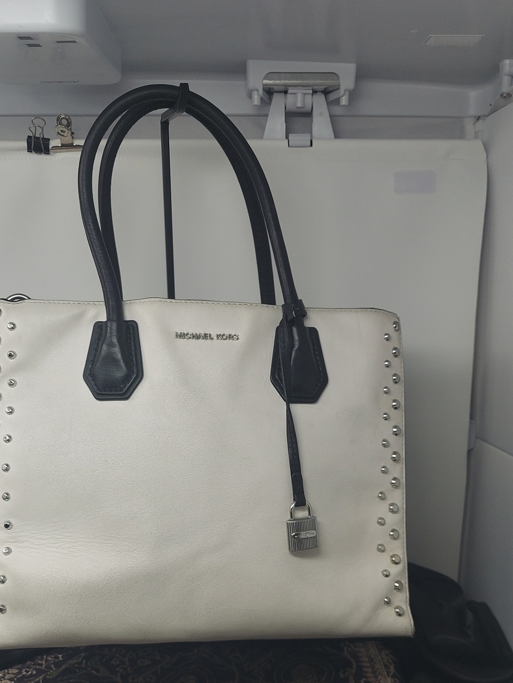 Michael Kors Mercer Optic White Leather Tote with Stud Accents Padlock Charm